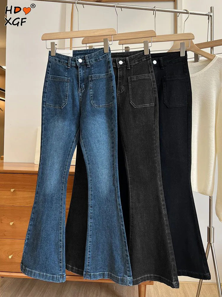 

Simple Multiple Pockets Flared Jeans For Women Autumn Winter High Waist Elastic Straight Pants Office Lady Slim Denim Pantalones