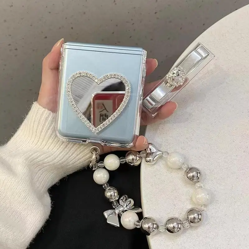 Luxury Plating Beads Bracelet Chain Case  For Samsung Galaxy Z Flip 6 5 4 3 5G Heart Mirror Transparent Protector Cover_voghion.com