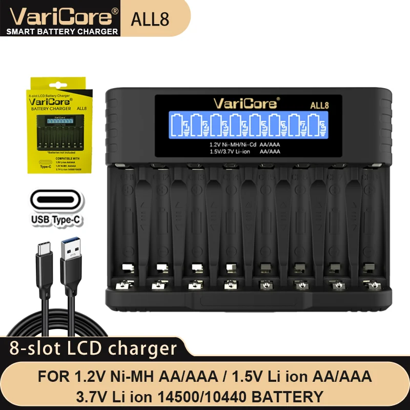 Battery Charger VariCore AA/AAA 4 8-slot LCD ALL4 8 Suitable for 1.2V Ni-MH 1.5V/3.7V Li-ion Batteries