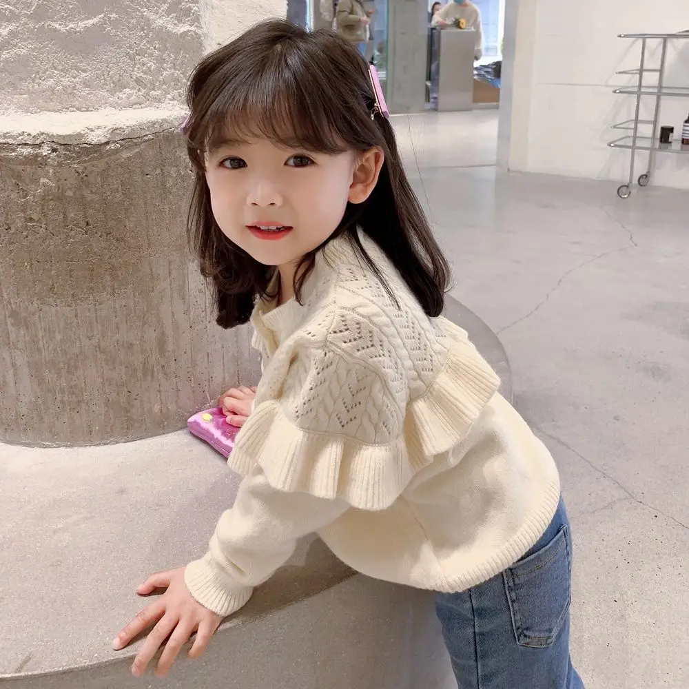 

Girls' Knitted Cardigan Sweater 2023 New Children's Fashionable Coat Spring and Autumn Hollow Out Baby Outwear Sweater