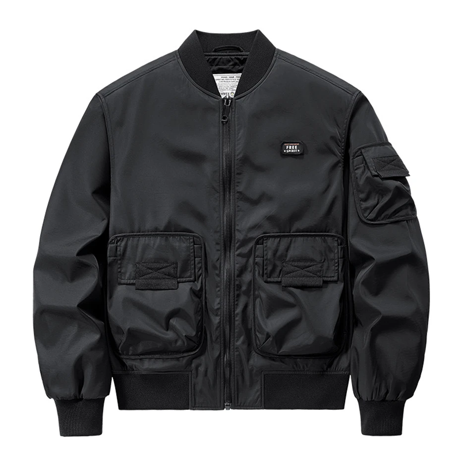 Black Bomber Jackets Men Military Baseball Jacket Cargo Coat Male Fashion Casual Solid Color Pilot Jacket Outerwear