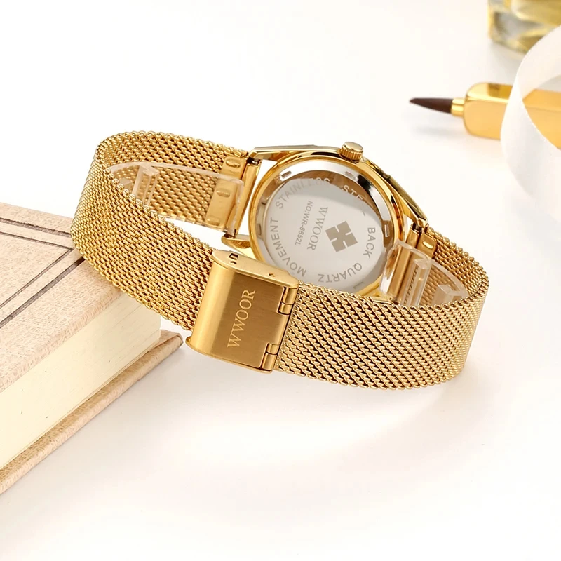 WWOOR Dress Gold Watch Ladies Elegant Diamond Small Quartz Wrist Watches For Women Steel Mesh Clock zegarek damski womens quartz watch womens watch quartz watch women watches quartz watch set