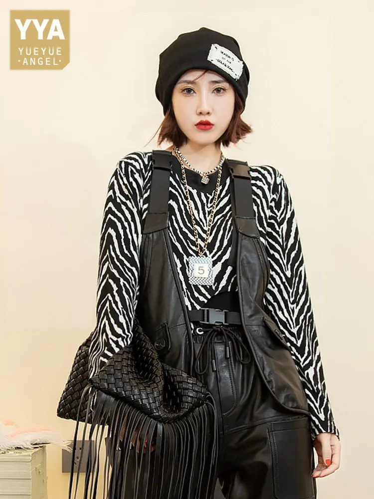 

Safari Style Sleeveless Strap Vest Women Sheepskin Genuine Leather Work Cargo Tank Jacket Spring Streetwear Motorcycle Waistcoat
