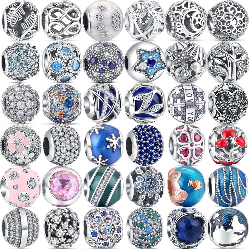100% 925 Sterling Silver Round Style Charm Starfish Flower Star Moon Sparkling Beads Fit Original Pandora Bracelet Women Jewelry