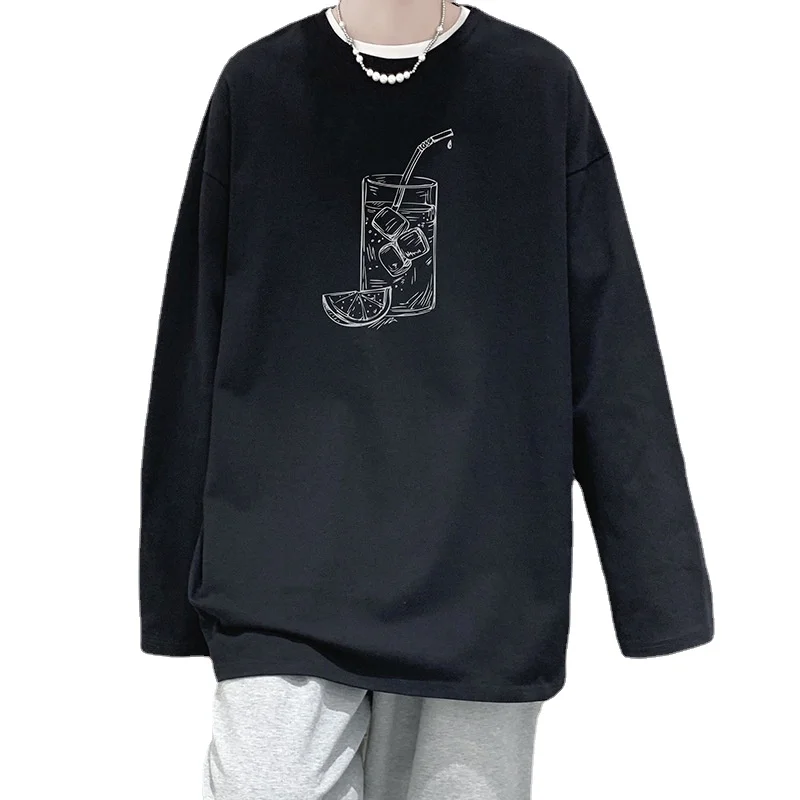 

Long-sleeved T-shirt Men's New Cotton Spring Autumn Loose Ice Silk Top Clothes Shirts for Men O-Neck Tees Mens T Shirts Print