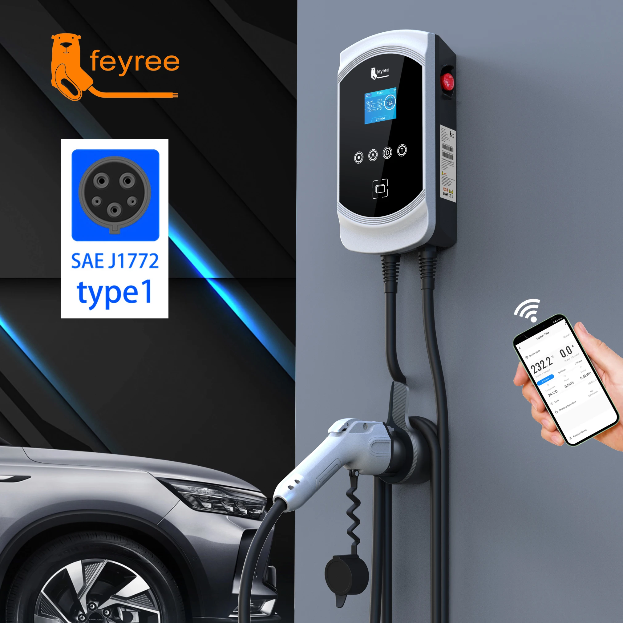Feyree App Control Ev Charger Type1 Cable J1772 Socket 32A 40A 50A Monofase Evse Wallbox Stazione Di Ricarica Per Auto Elettrica
