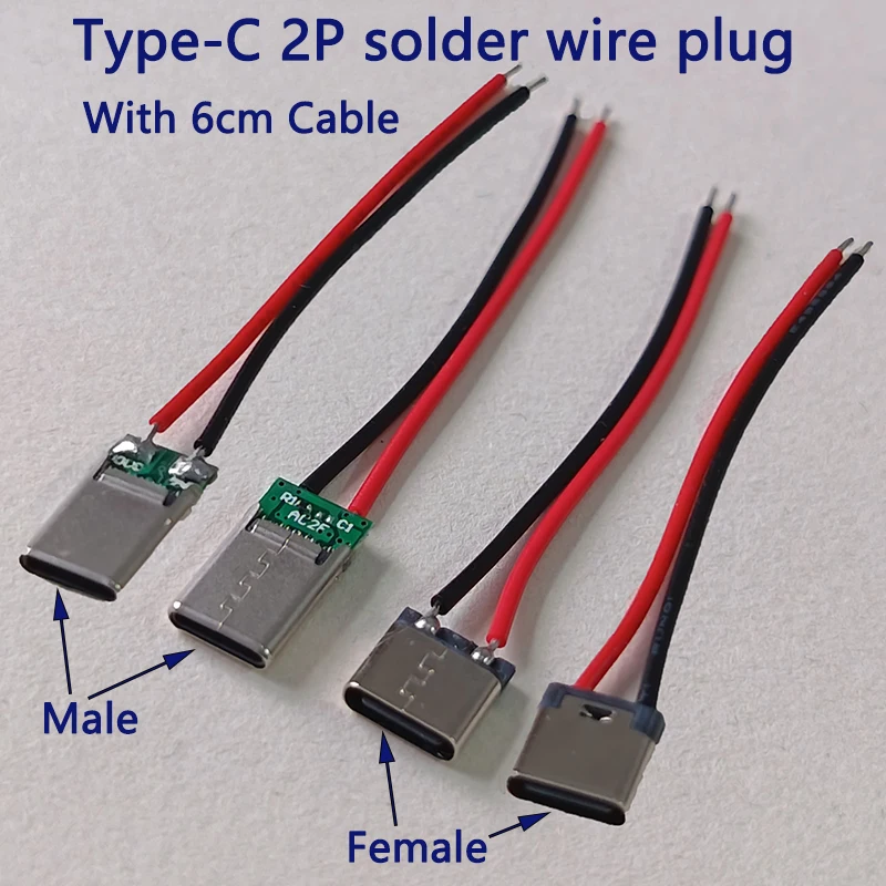 2/5/10/20개 2핀 타입-C/마이크로 USB 남성 여성 커넥터(6cm 사전 납땜 와이어 포함) DIY 프로젝트 수리용 5V 충전 잭