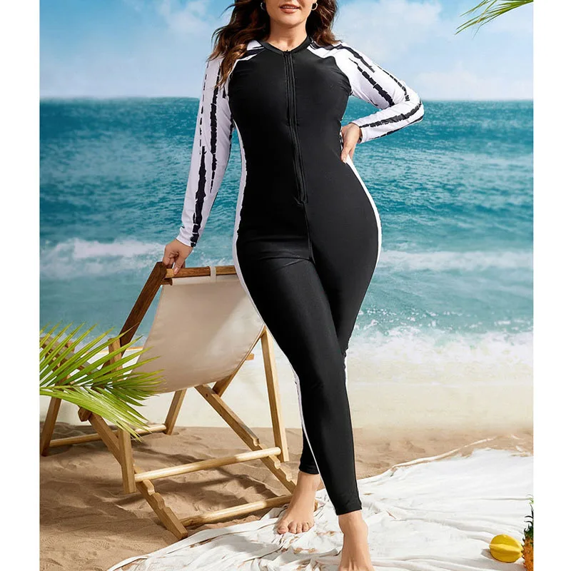 

2023 New Plus Size Surfing Swimsuit Women Long Sleeve Slim Swimwear Female Zipper One Piece Rash Guard Diving Clothes Bathing