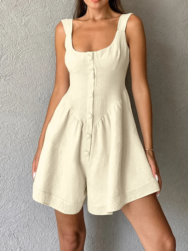 YAMIKO Khaki Cotton Linen Women Rompers With Shorts Button Tank Sleeveless Jumpsuits Office Ladies One Pieces Vacation 2024