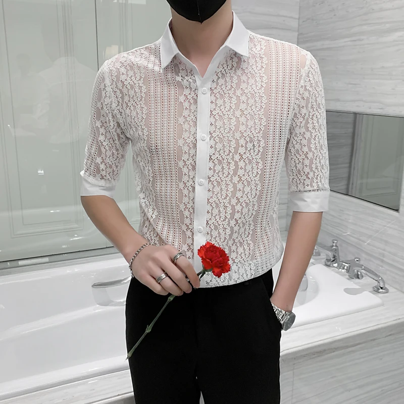 

2022 Men Hollow Out Shirt Mesh Lapel Short Sleeve See Through Fashion Casual Hawaiian Shirts Breathable Streetwear Camisa S-4XL