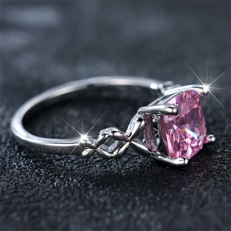Luxury Female Pink Zircon Stone Ring Trendy Silver Color Cute Wedding Jewelry Gift For Women