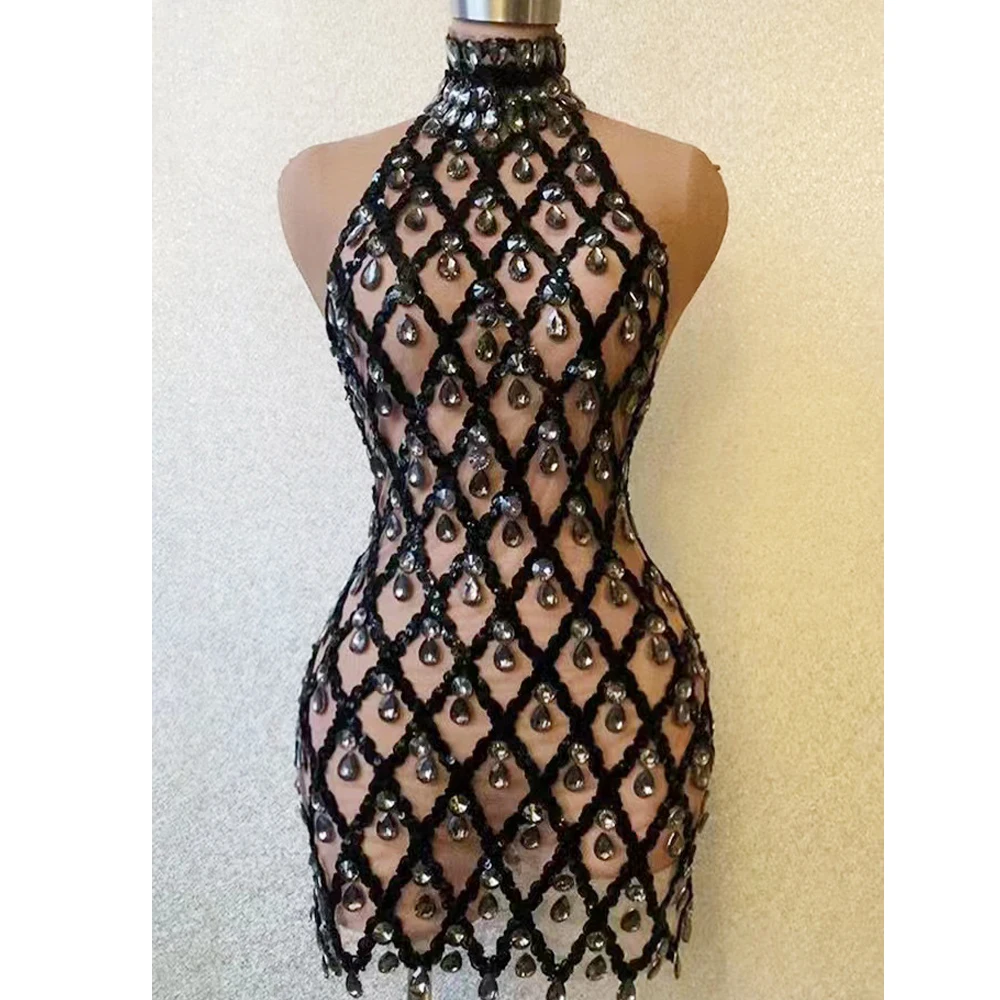 Sparkly Black Gold Sequins Sleeveless Transparent Backless Dress Evening Club Celebrate Birthday Stretchy Mesh Photography Wear
