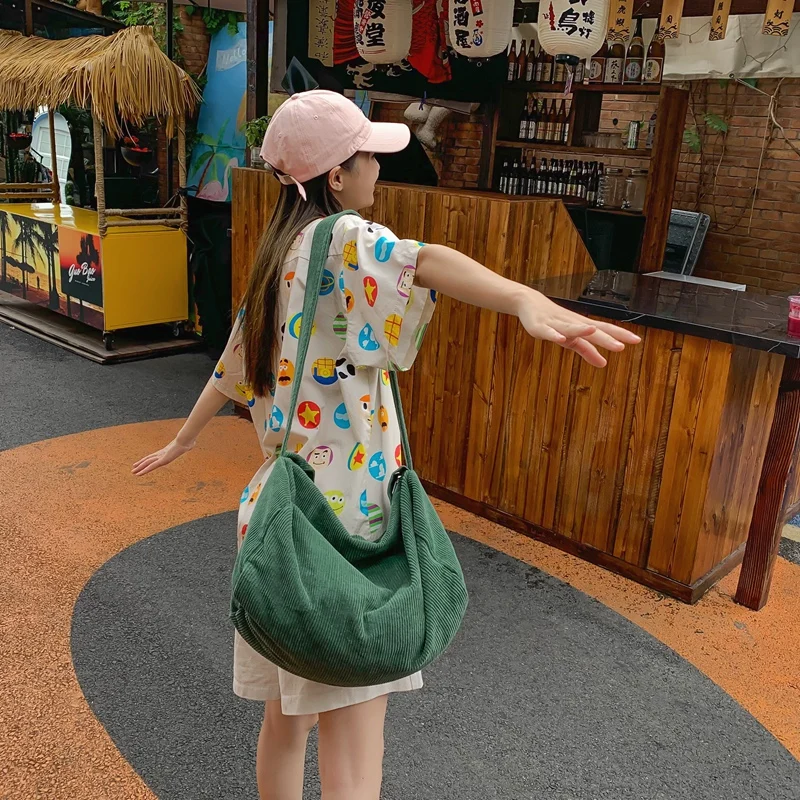 Large Corduroy Women's Bag Solid Eco Bag Korean Shopping Messenger Bag Y2K Shoulder Cross Bag Student Handbags Travel Satchel