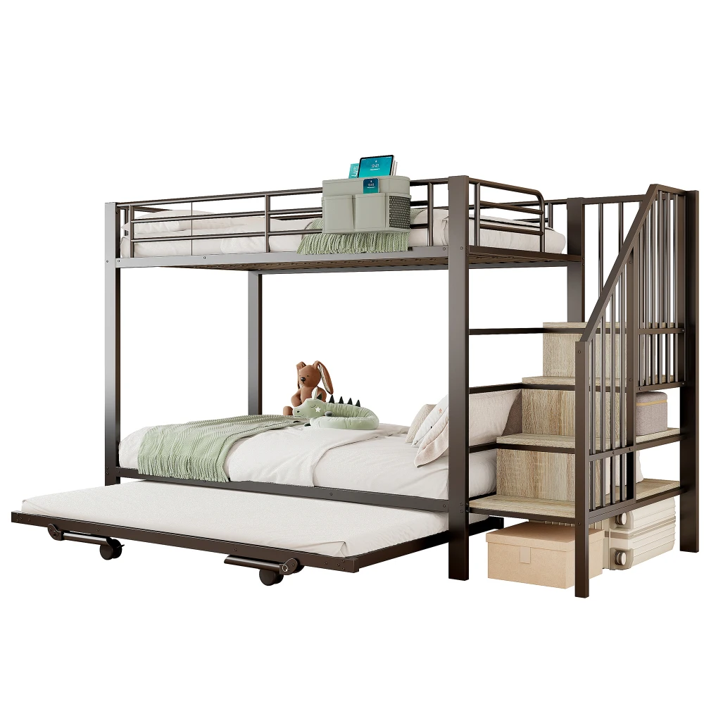 Schwarzes Metall-Eisenrahmen-Etagenbett 90×200 180×200cm Multifunktionales Ausziehbett mit Aufbewahrungstreppen & Stofftasche Platzsparend – Detail 9