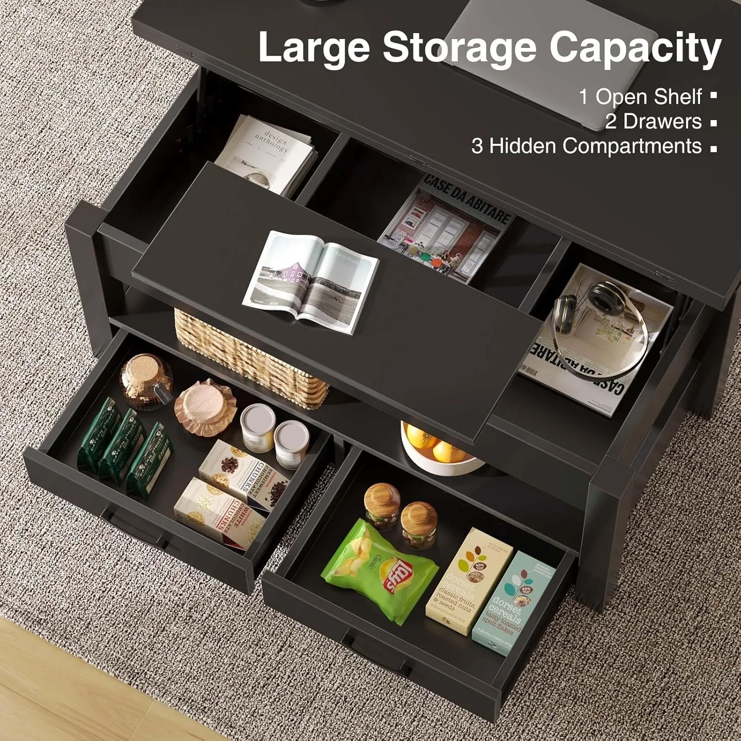 Coffee Table Lift Top, Multi-Function Convertible Coffee Table with Drawers and Hidden Compartment, Coffee Table Converts 4