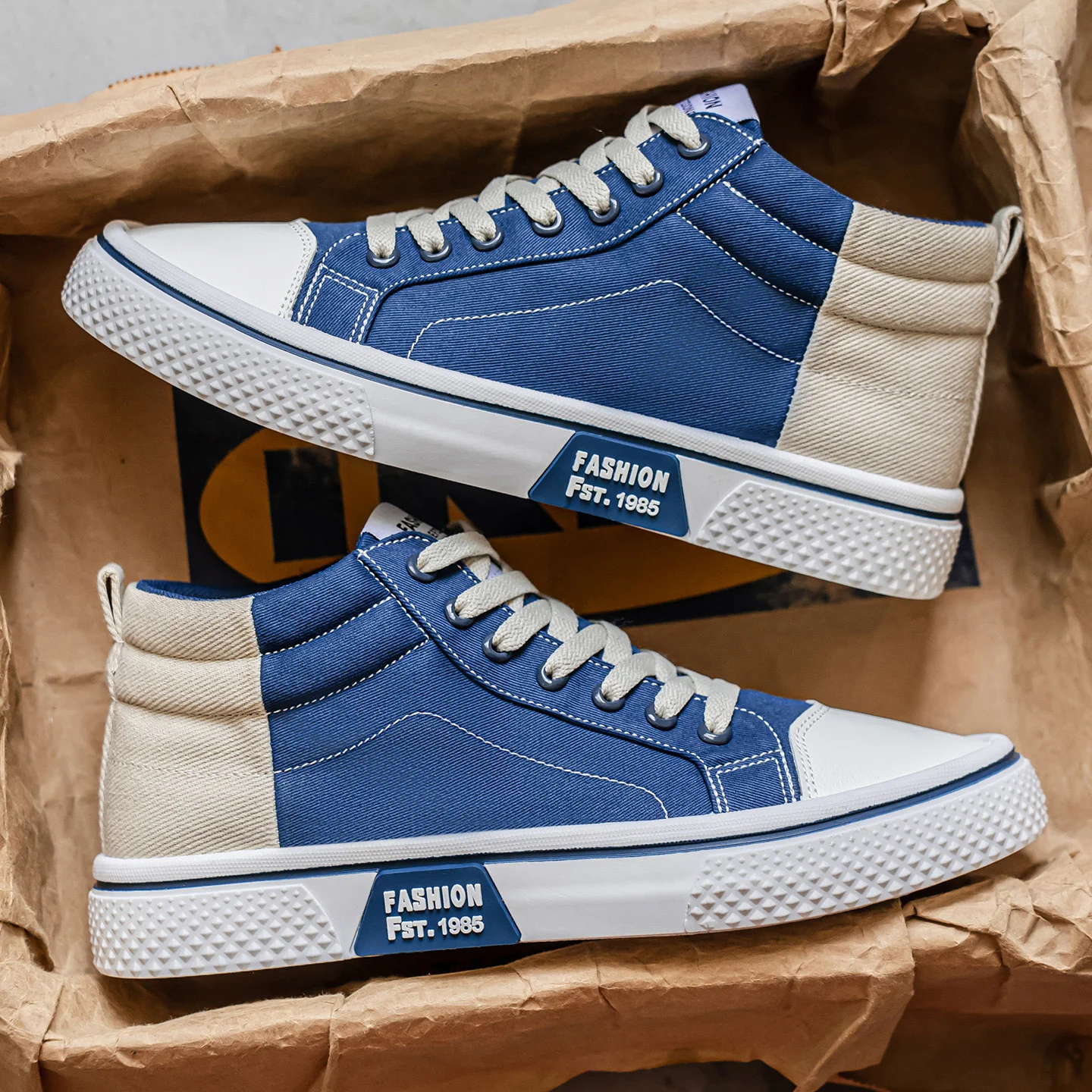 Men's canvas shoes, fashionable and trendy, mid-top, comfortable, suitable for outdoor hiking, lightweight, blue and beige, vers - Image 3