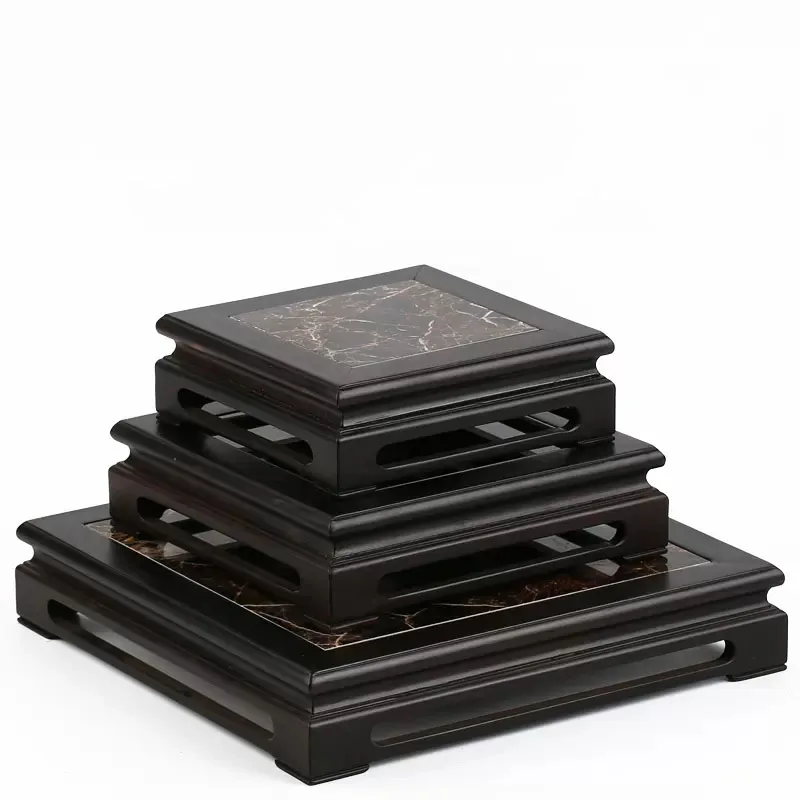 Carving Handicraft Ornament Base with Marble, Solid Wood Shelf, Flower Pot, Vase, Buddha Statue, Bracket