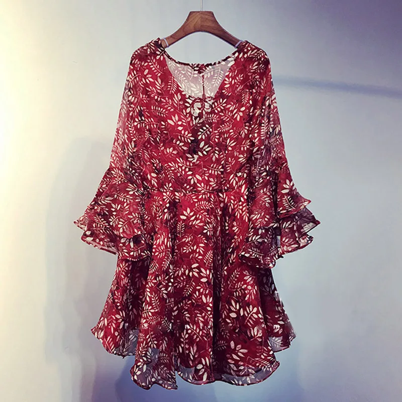 Loose Floral Women Dress Summer 2022 Vneck Flare Sleeved Ruffles