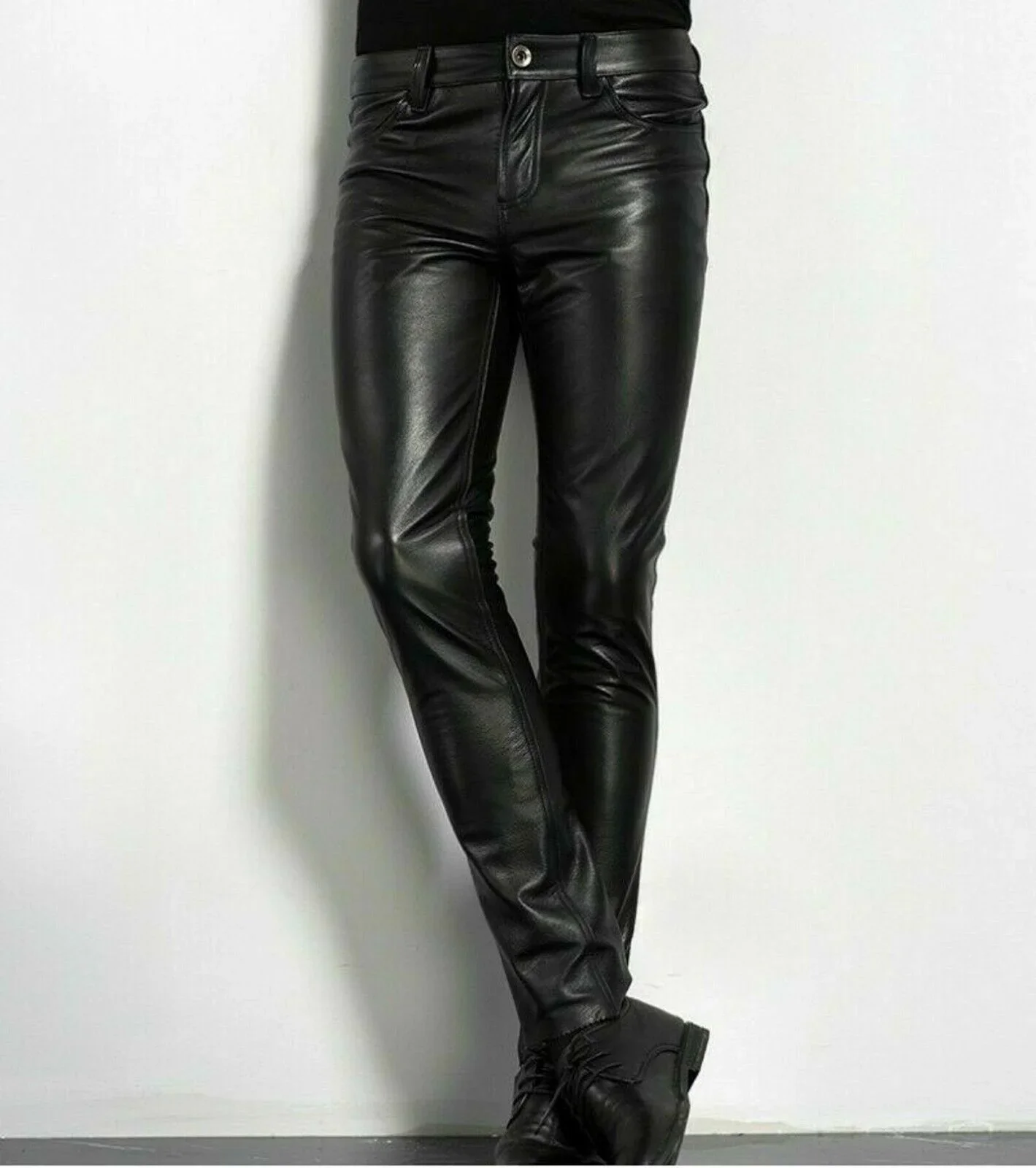 Spring Fashion Men's Fashion Rock Style PU Leather Pants Men's faux leather slim-fit motorcycle trousers 4