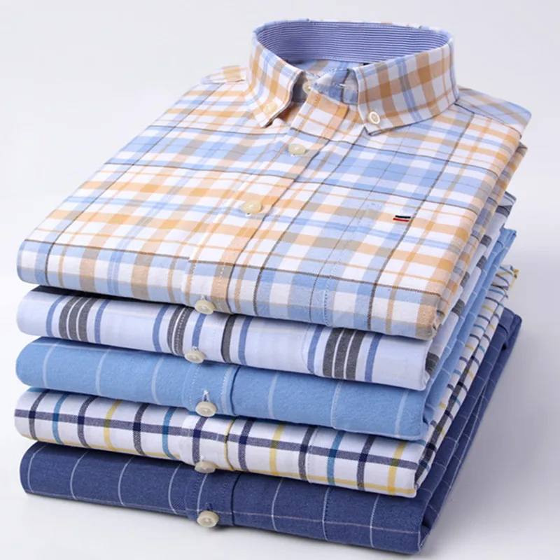 Free Shipping Men's Oxford Shirts Long Sleeve Spring Autumn Casual Cotton Plaid Striped Regular Fit Buttoned Check Business 6XL