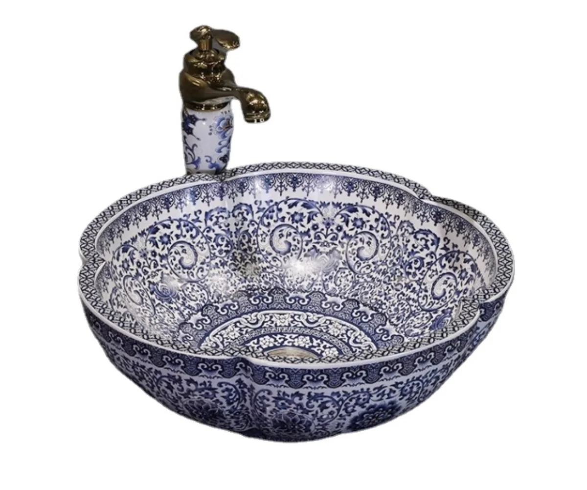 

Blue and white porcelain above counter basin Jingdezhen ceramic washbasin Chinese basin petals art round wash basin LO612339