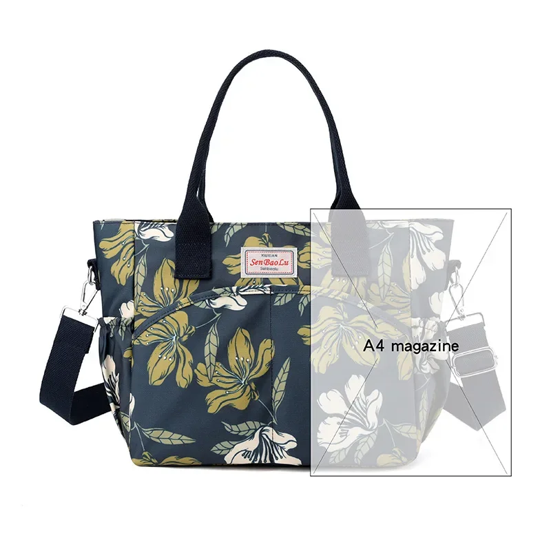 Summer Floral Nylon Tote Bag for Women, Crossbody & Top Handle Shoulder Purse Portable Pastoral Design with Printed Flowers