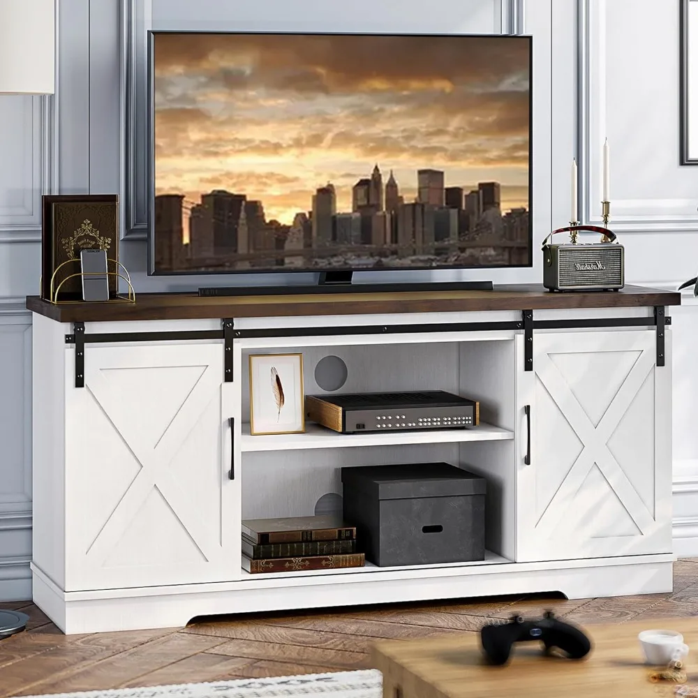 

Farmhouse TV Stand, Entertainment Center for 65 Inch TV Media Console Table, White Barn Door TV Stand with Storage and Shelves