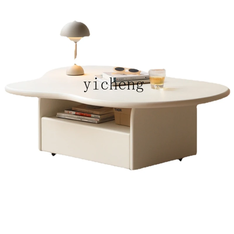 

Zk Cloud Tea Table Cream Wind Belt Pumping Living Room Home Tea Table Modern Mobile Shaped Short Tea Table