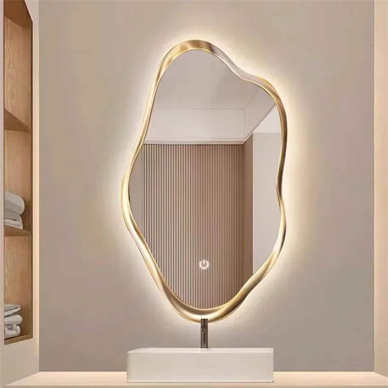 อ่างล้างหน้าสไตล์นอร์ดิกหรูหราพร้อมกระจกแต่งหน้าติดผนังรูปทรงแปลกตาแบบเรืองแสง กระจกห้องน้ำรูปทรงเมฆ 1