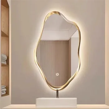 อ่างล้างหน้าสไตล์นอร์ดิกหรูหราพร้อมกระจกแต่งหน้าติดผนังรูปทรงแปลกตาแบบเรืองแสง กระจกห้องน้ำรูปทรงเมฆ 1