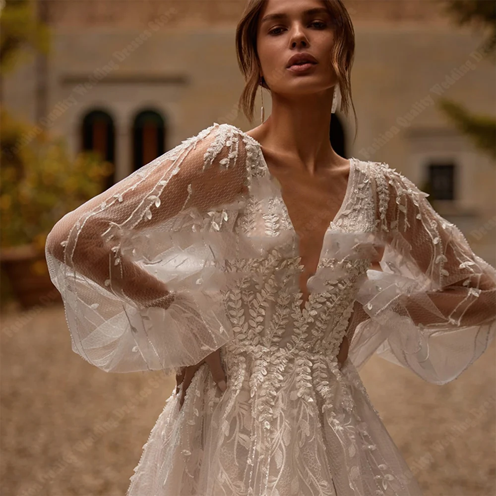 Sweetheart V-Neck Women Wedding Dresses Lace Printing A-Line Bridal Gowns Elegant Multi-Layer Sheer Vestido De Novias Customized 3