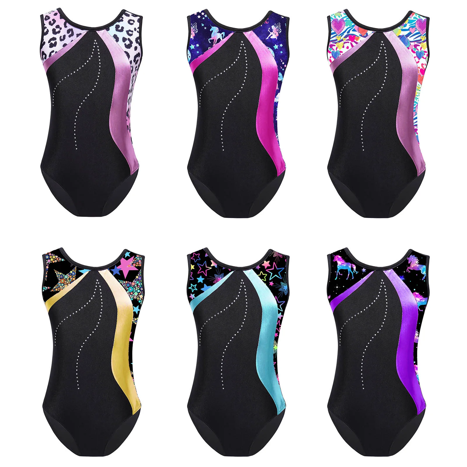 

Children Girls Dance Leotard Ballet Costumes Sleeveless Print Figure Skating Dance Dress Patchwork Gymnastics Bodysuit Dancewear