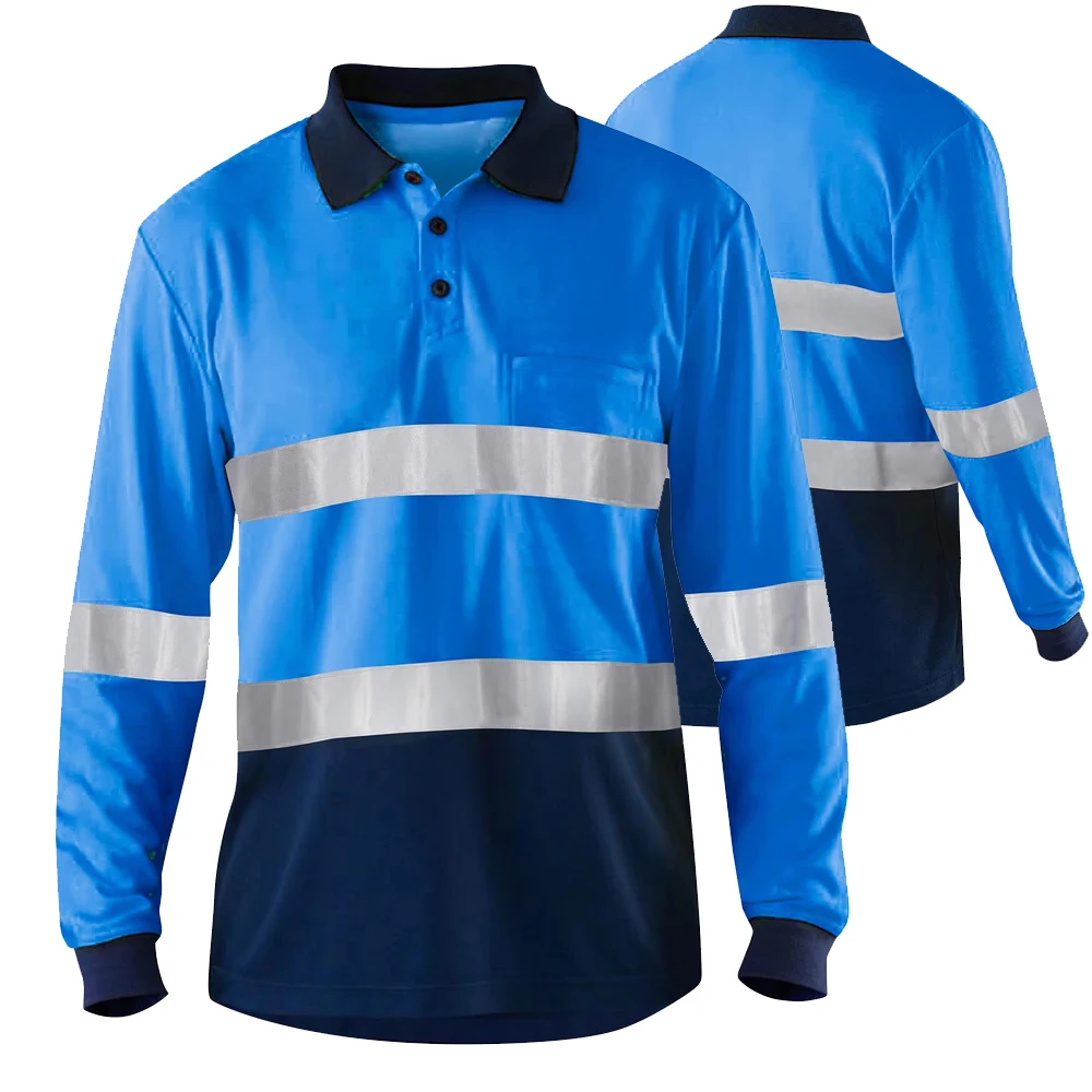 Two Tone Long Sleeve Blue Safety Shirts High Visibility Reflective Shirts With Pockets Hi vis work shirts Workwear