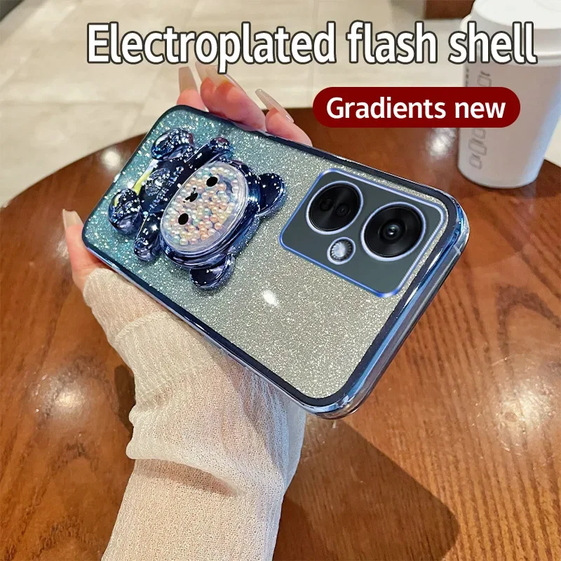Soft Silicone Bling Shockproof Electroplated TPU Phone Case with Cute Bear Stand