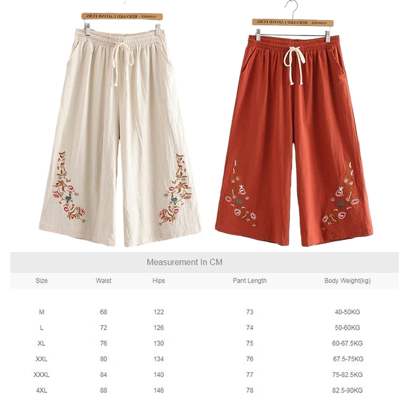Embroidered Wide-Leg Pants Women's Summer Cotton Linen Style High-Waisted Loose Straight Casual Pants Soft Comfortable Trousers