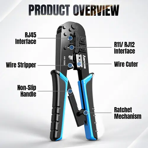AMPCOM rj45 crimper RJ11 RJ45 Crimping Tool Ethernet Network LAN Cable Crimper Cutter Stripper Plier for 6P 8P RJ-11/RJ-12 RJ-45 - Image 6