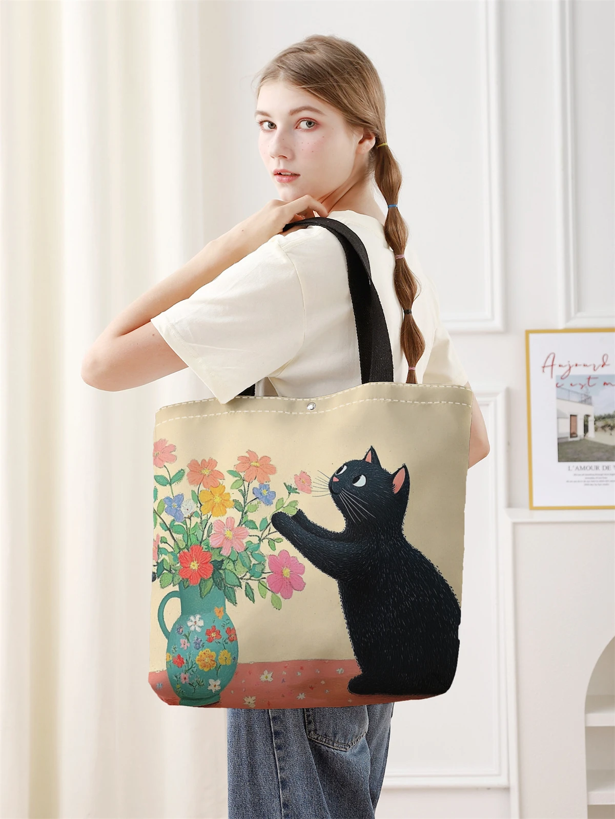 1pc， Cat and flower patterned handbag, reusable fashionable handbag, multifunctional handbag, printed canvas shopping bag