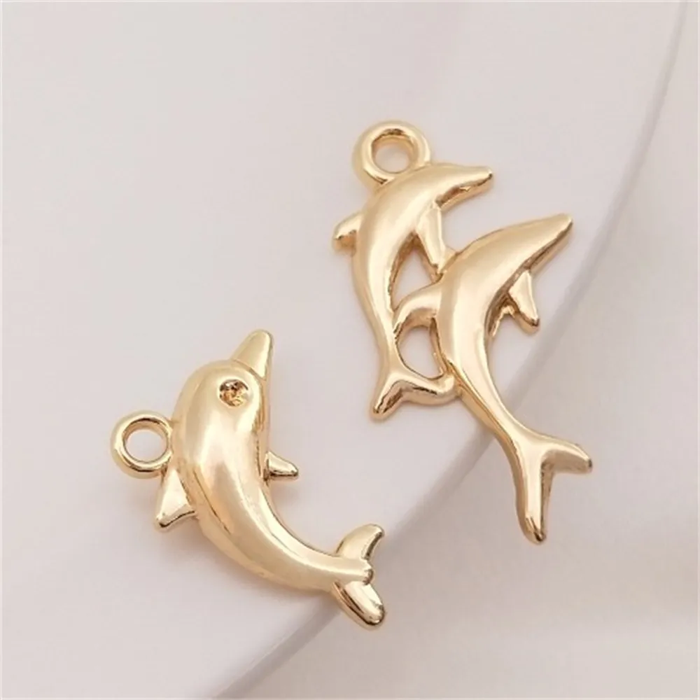 14K Real Gold Charm Dolphin Pendant Handmade DIY Bracelet Anklet Jewelry Pendant Handmade Material K068 new arrival projection photo necklace custom photo romantic star tree lock dolphin pendant necklace for women wife charm jewelry