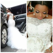 

Short Sleeves Mermaid Wedding Dresses 2022 Crystal Beaded Slim Tulle Formal Bridal Gowns Custom Made Vestidos De Mariee