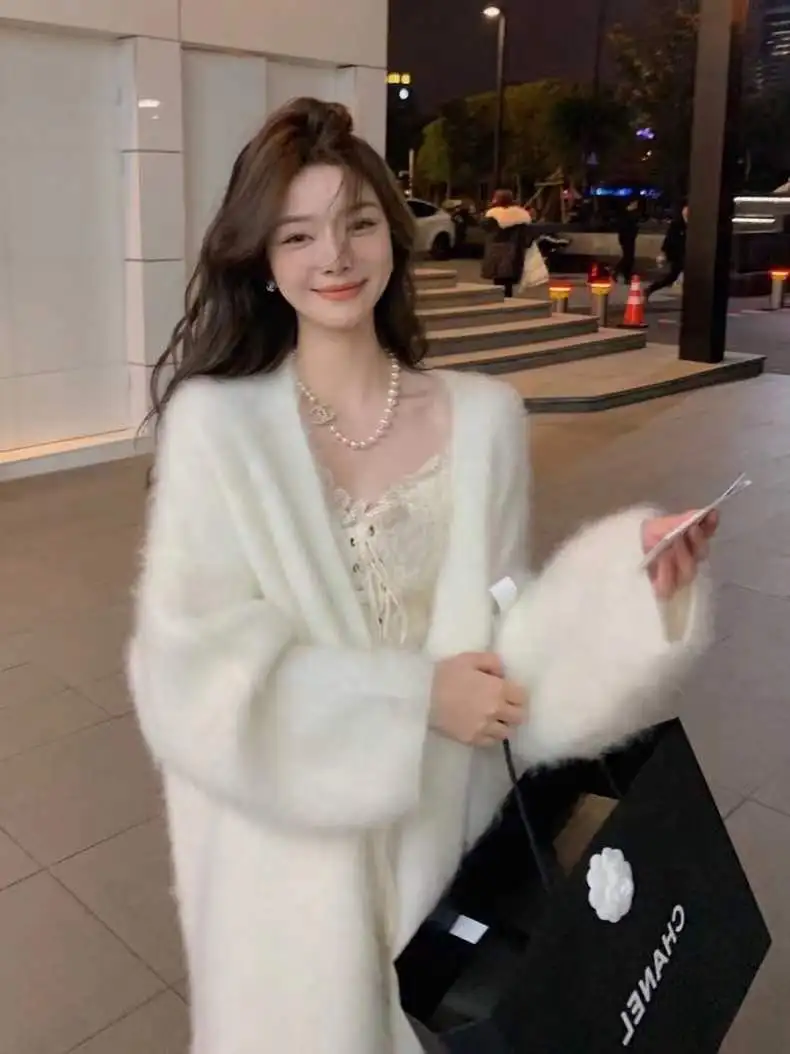 2025 New Sable Mink Cashmere Cardigan Women's Fluffy Sweater Medium Length Loose Knitted Coat JZ206 4