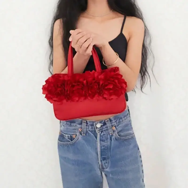 French Red  Rose Flower Elegant Underarm Bag Large Capacity Handbag Tote Bags Women Commute Shoulder Bag