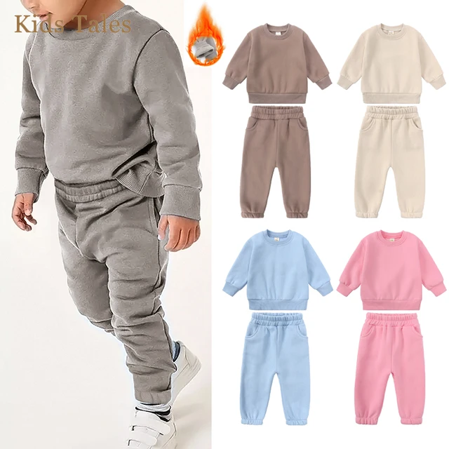 Kids Boys Girl Essential Clothes Set Toddler Solid Fleece Crewneck Sweatshirt+Jogger Sweatpants 2Pieces Children Sport Tracksuit 1