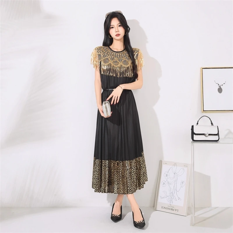 LANMREM High Quality Embroidery Beaded Round Neck Pleated Women's Dress Short Sleeve Tassel Gold Foil Printing Famale Clothing - Image 5