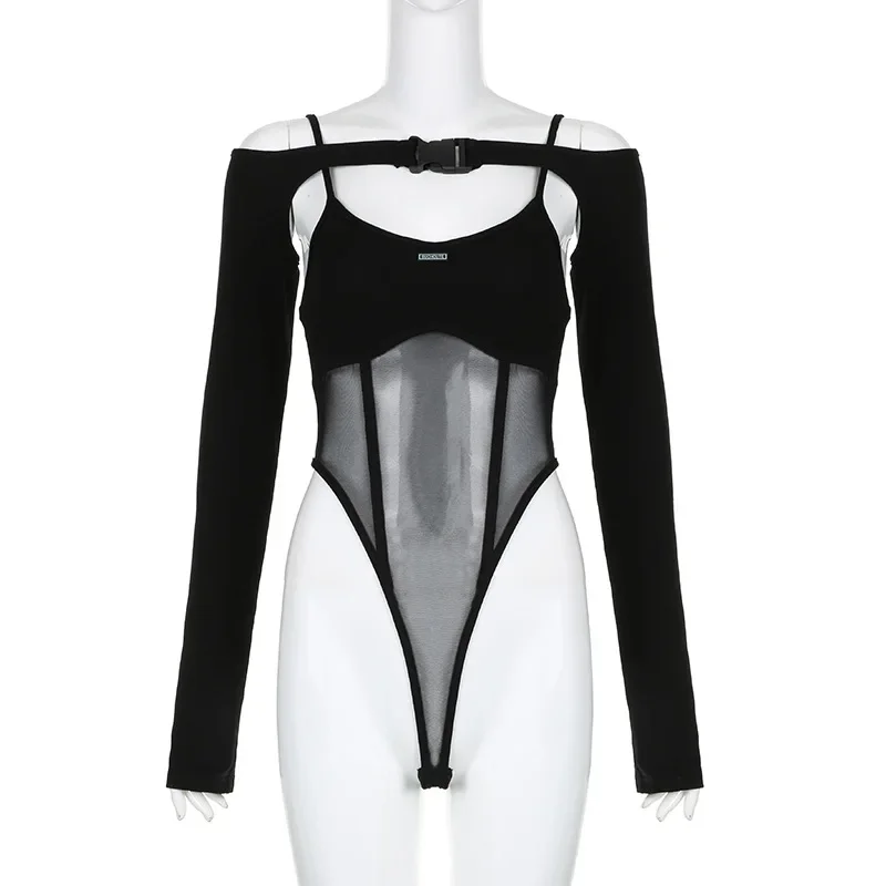 Traje de festival de verano de una pieza con parches de color liso, lencería informal de manga larga, mono sexy con cordones ligeramente transparentes