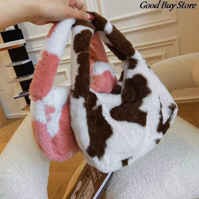 

Autumn Winter Plush Handbags Flower Leopard Fluffy Fur Totes Fashion Women Sexy Large Purses Warm Fabric Bags Soft Hand Wallets