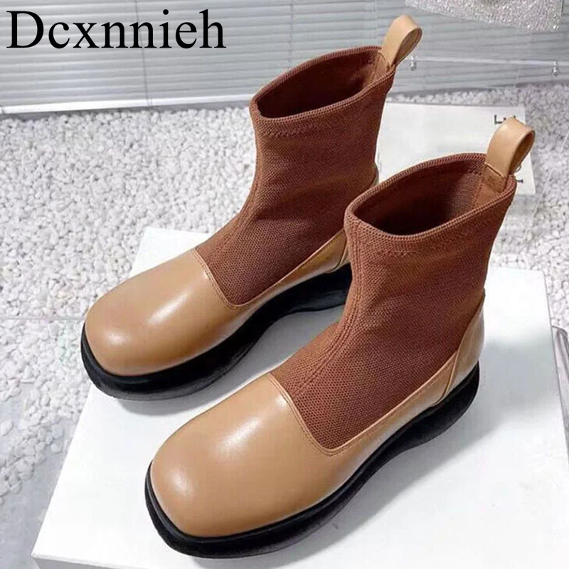 

New Stretch Fabric Splicing Mary Jane short Botas Women Thick Bottom Heighten Ankle Boots Winter Retro Versatile Socks Boots