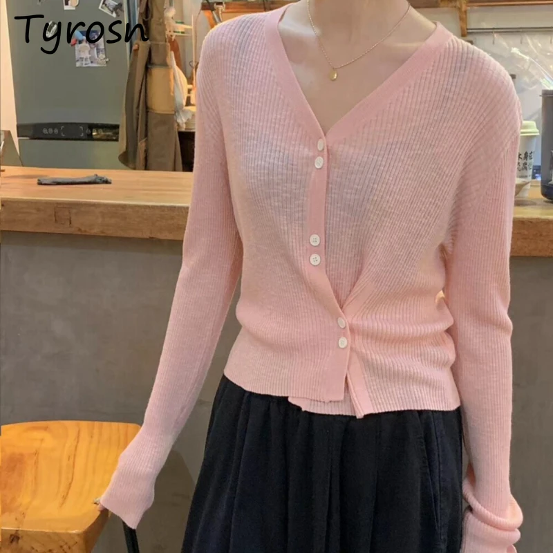 

Женский легкий кардиган на пуговицах, трикотажный облегающий Кардиган с длинным рукавом и V-образным вырезом, Модный повседневный базовый кардиган в Корейском стиле для фитнеса, Новое поступление на весну