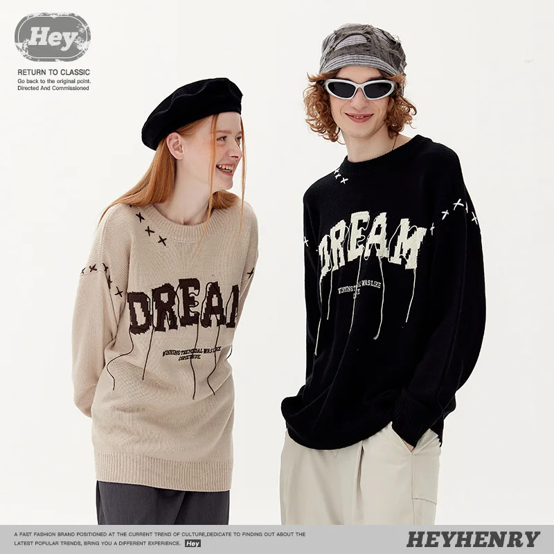 

Embroidered thread fringe round neck sweater letter jacquard knit women's tops casual couple's wear
