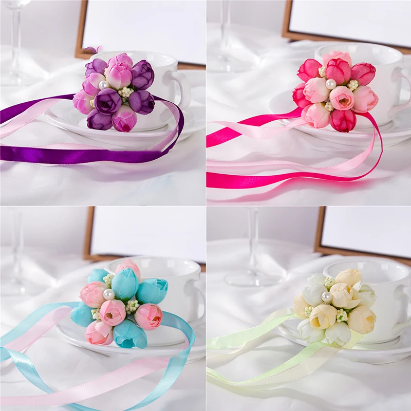 Wedding Decoration Rose Wrist Corsages Hand Flower Bridesmaid Silk Flower Bracelet Wedding Bridal Wrist Flower Accessories