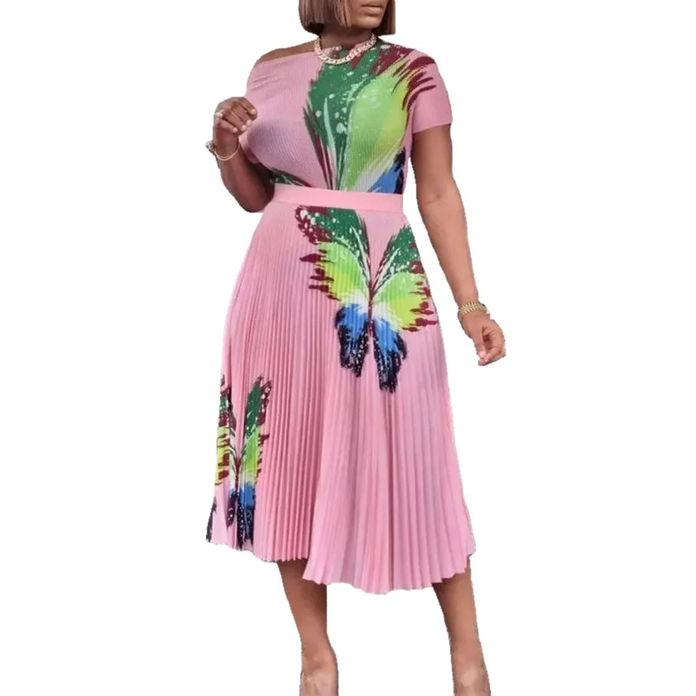 Sexy Women Summer Two Pieces Set Big Elastic Pleated Print African Butterfly Skirt Dress Fashion Brand OL Slim Outfit For Lady